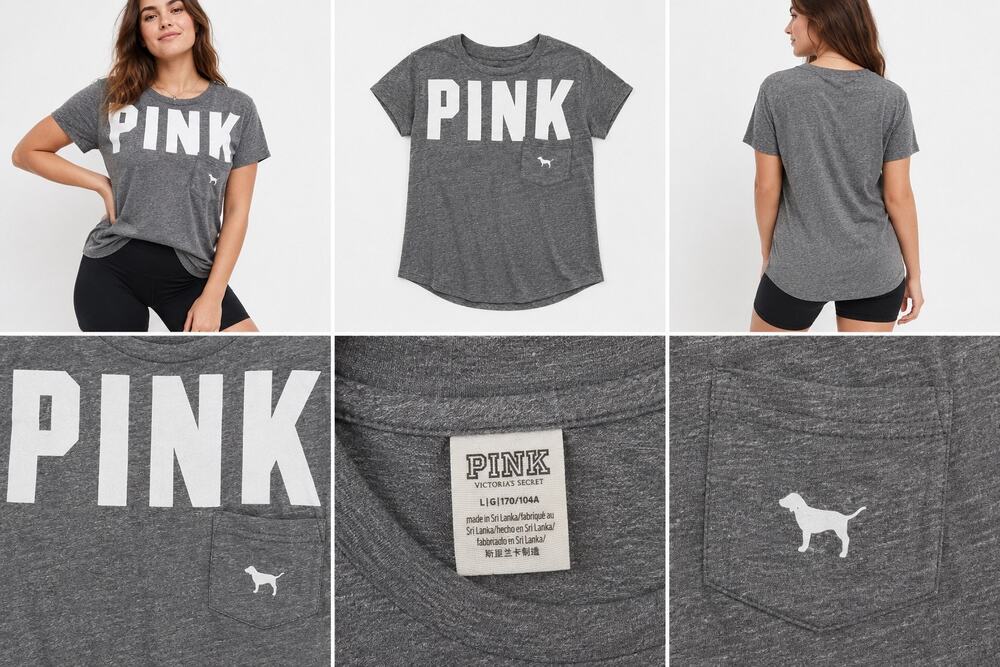PINK Victoria’s Secret Gray Oversized Graphic Pocket Tee White Logo